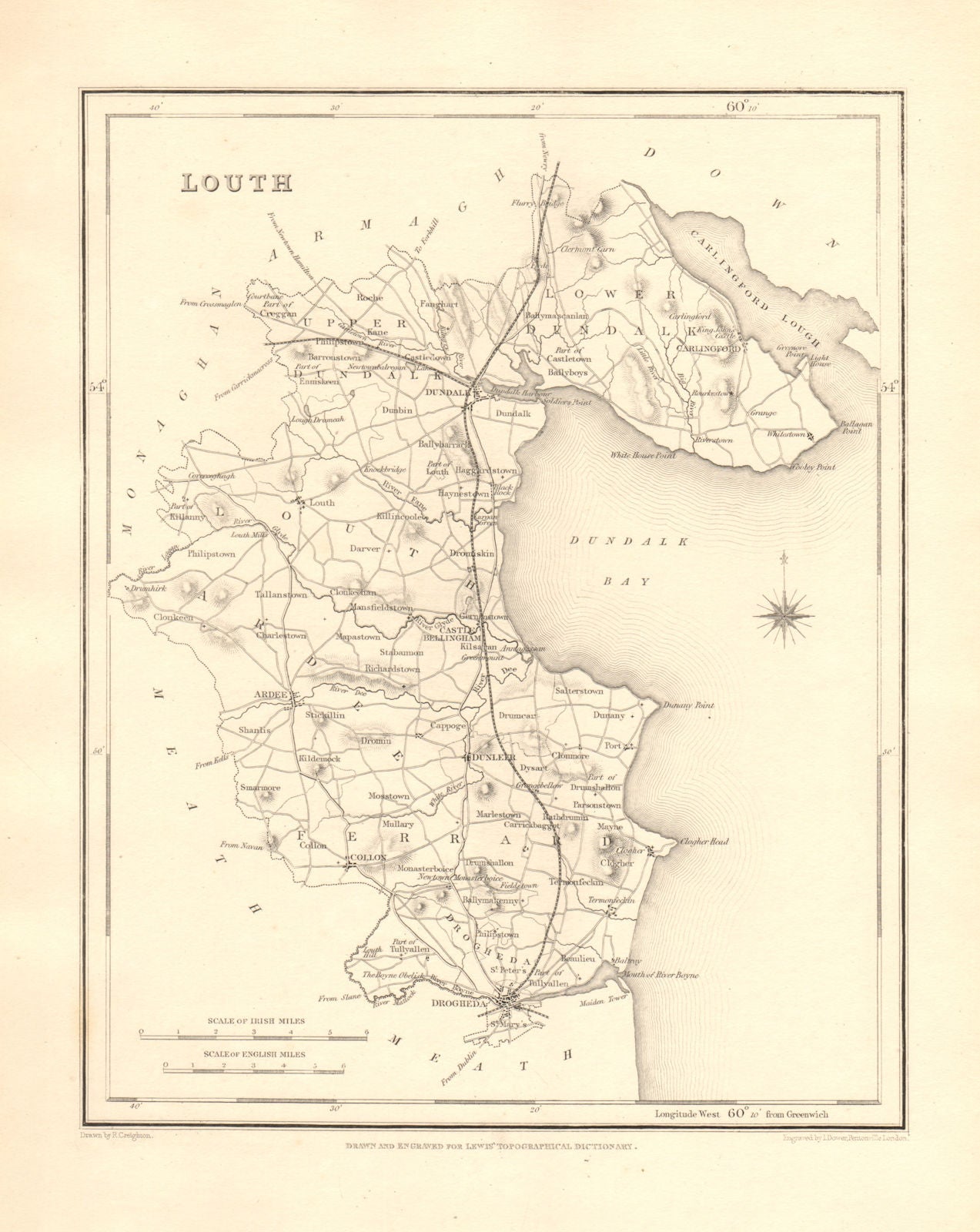COUNTY LOUTH antique map for LEWIS by CREIGHTON & DOWER - Ireland 1846 old